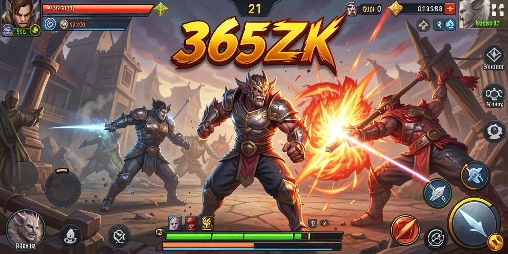 Screenshot menampilkan karakter bertarung dengan latar belakang yang epik.