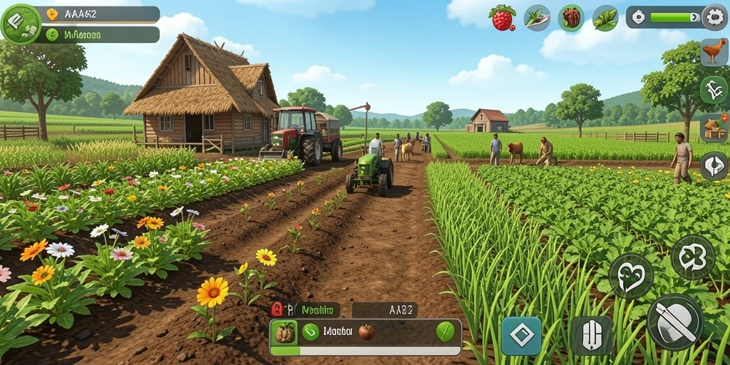 Screenshot gameplay AA62 menampilkan aktivitas bertani yang seru dan interaktif.