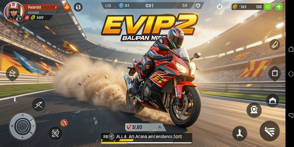 Screenshot EVIP2 menampilkan balapan motor yang seru dan mendebarkan.