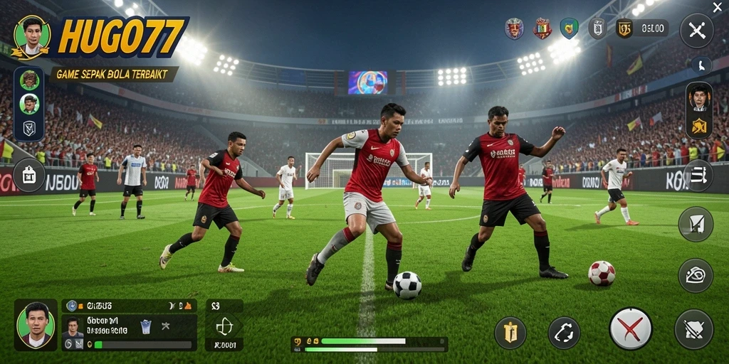 Tampilan gameplay yang menakjubkan dari HUGO77 dengan aksi sepak bola nyata.