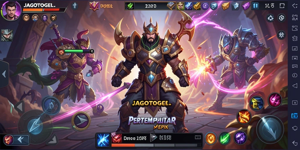 Tampilan gameplay seru dari JAGOTOGEL dengan pertarungan intens di arena MOBA.