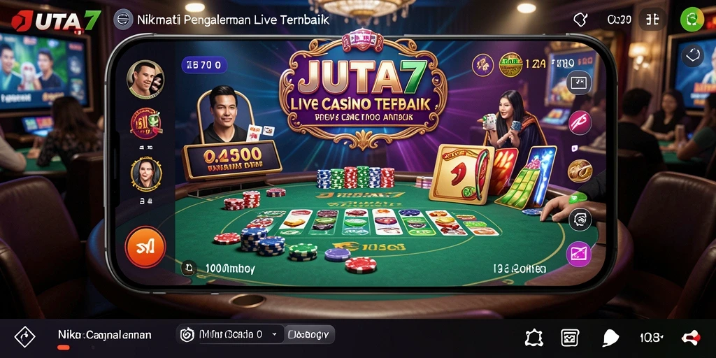 Screenshot utama JUTA7 menampilkan dealer profesional dan gameplay yang menarik.