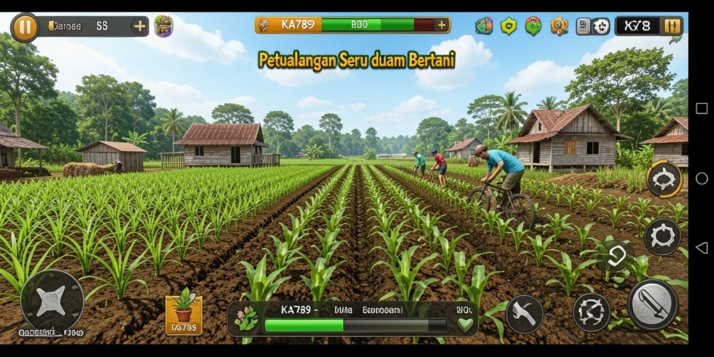 Screenshot gameplay KA789 yang menunjukkan hamparan ladang subur dan hewan ternak.