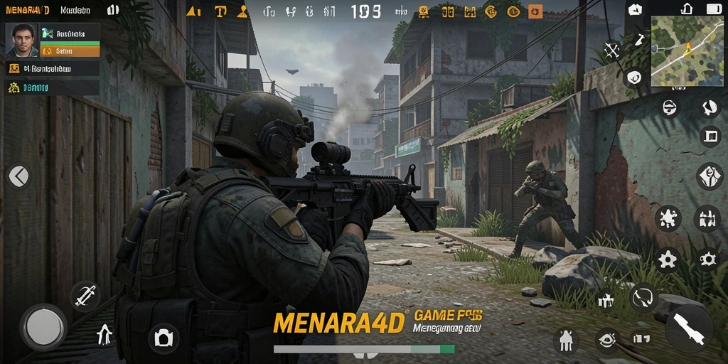 Tampilan gameplay intens dalam MENARA4D dengan aksi menembak yang mendebarkan.