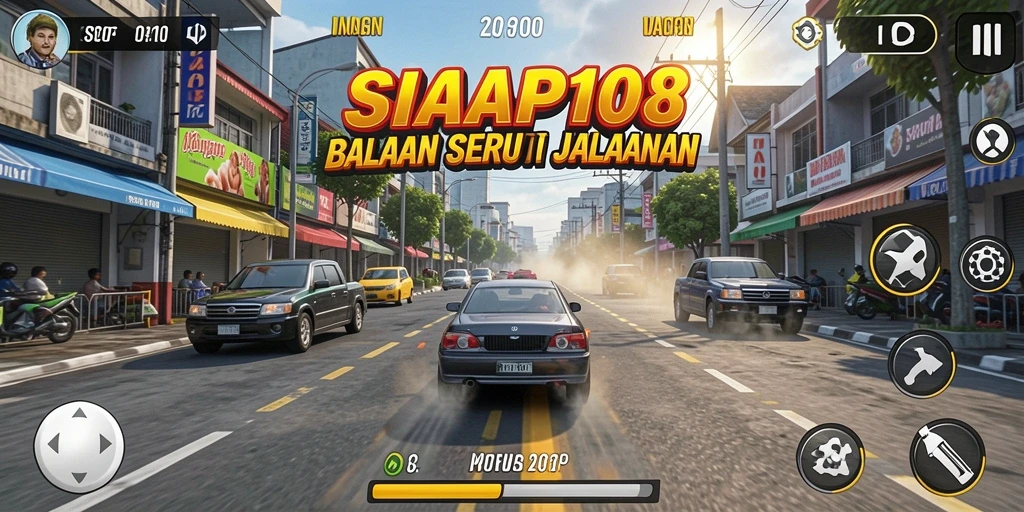 Screenshot gameplay SIAP108 menunjukkan aksi balapan yang mendebarkan.