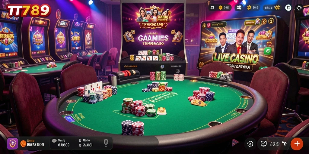 Screenshot gameplay Live Casino dari TT789 yang menampilkan dealer dan pemain.