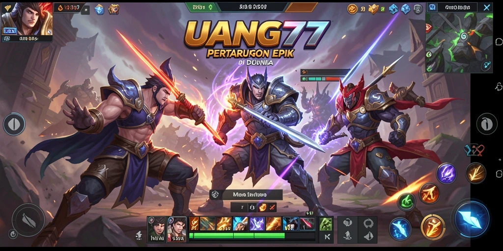 Screenshot gameplay epik dari UANG77 dengan pertarungan MOBA intens.
